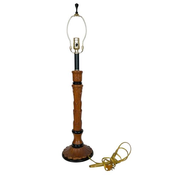 Vintage Carved Wood Table Lamp Brown Black MCM Boho